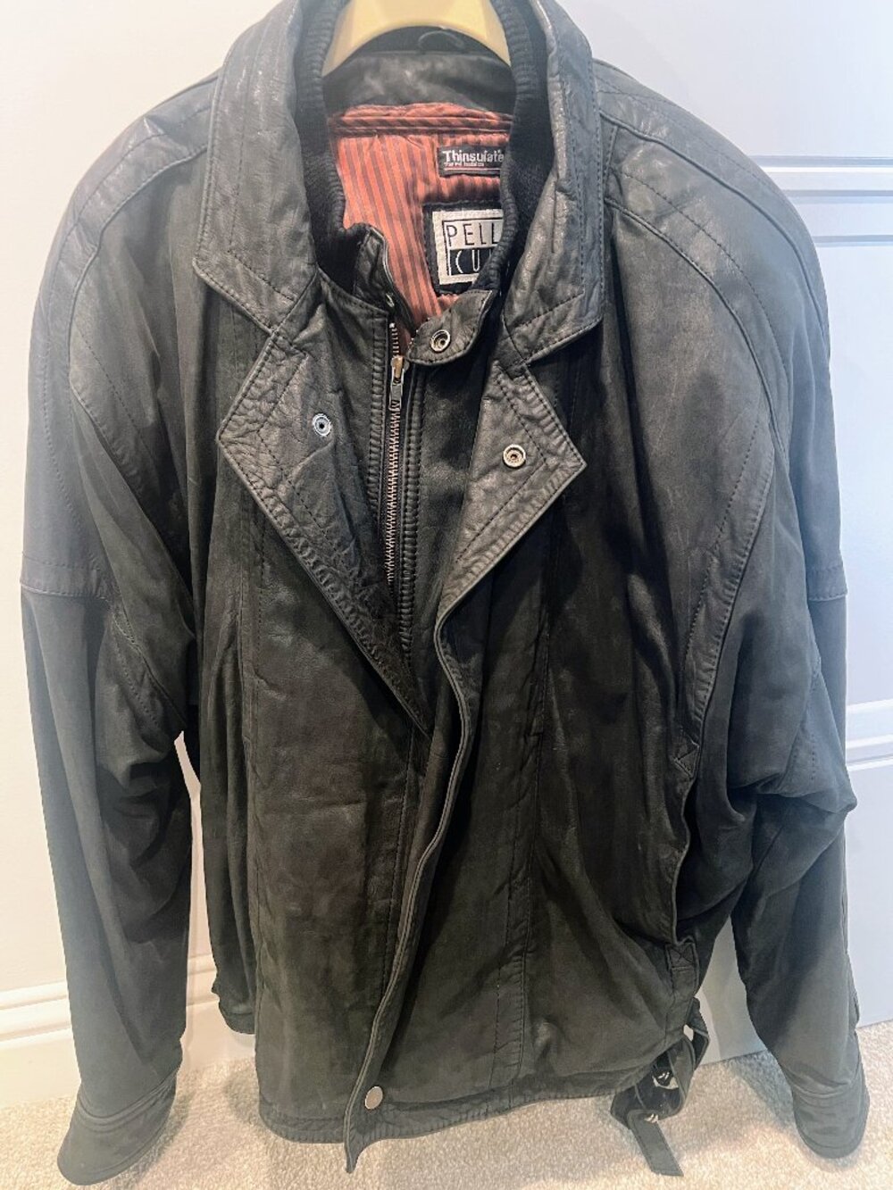 Men's Vintage Pelle Cuir Black Leather Bomber Jacket - Large